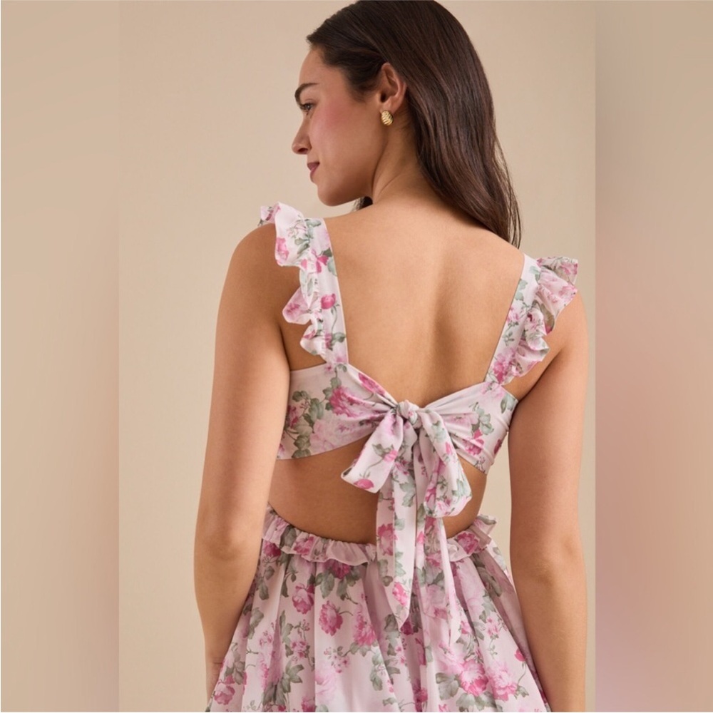 🎀 Altar'd State Pink Floral Rose Print Ruffle Romper - Picture 4 of 5